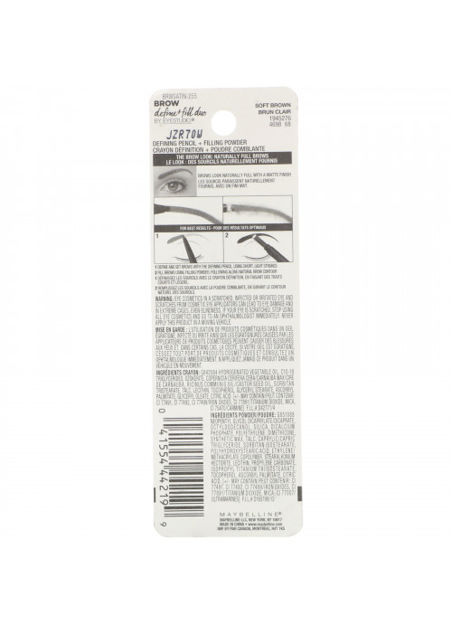 Maybelline, Eye Studio, Brow Define + Fill Duo, 255 Soft Brown, 0.017 oz (500 mg)