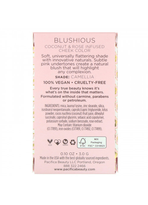 Pacifica, Blushious, Coconut & Rose Infused Cheek Color, Camellia, 0.10 oz (3.0 g)