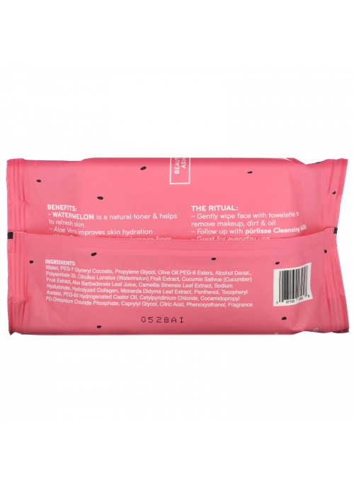 Purlisse, Watermelon, Energizing Makeup Remover Wipes, 30 Towelettes