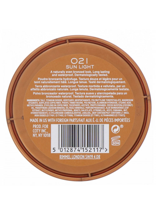 Rimmel London, Natural Bronzer, Waterproof Bronzing Powder, 021 Sun Light, 0.49 oz (14 g)