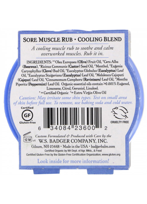 Badger Company, Organic Sore Muscle Rub, Cooling Blend, 2 oz (56 g)