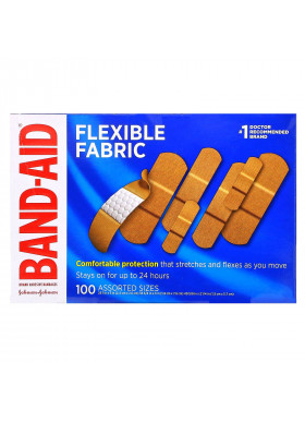 Band Aid, Adhesive Bandages, Flexible Fabric, 100 Assorted Sizes