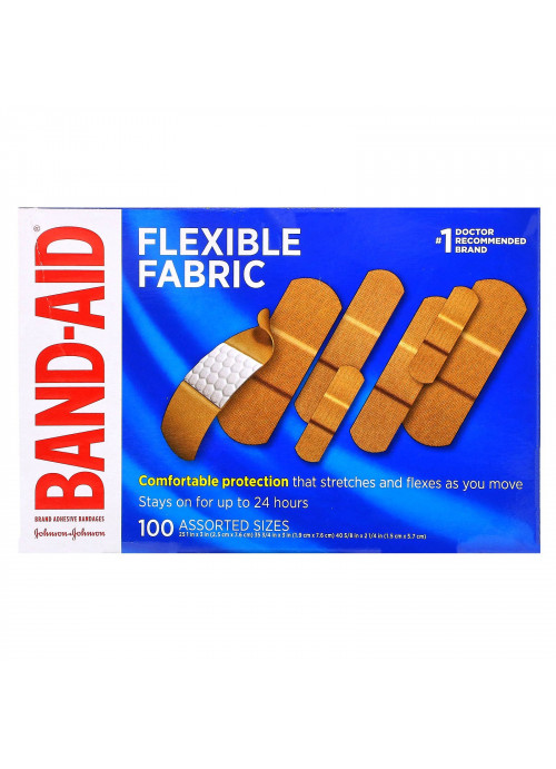 Band Aid, Adhesive Bandages, Flexible Fabric, 100 Assorted Sizes