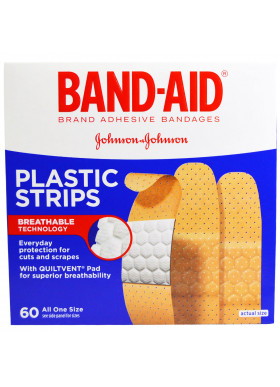 Band Aid, Adhesive Bandages, Plastic Strips, 60 Bandages