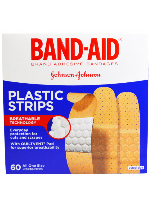 Band Aid, Adhesive Bandages, Plastic Strips, 60 Bandages