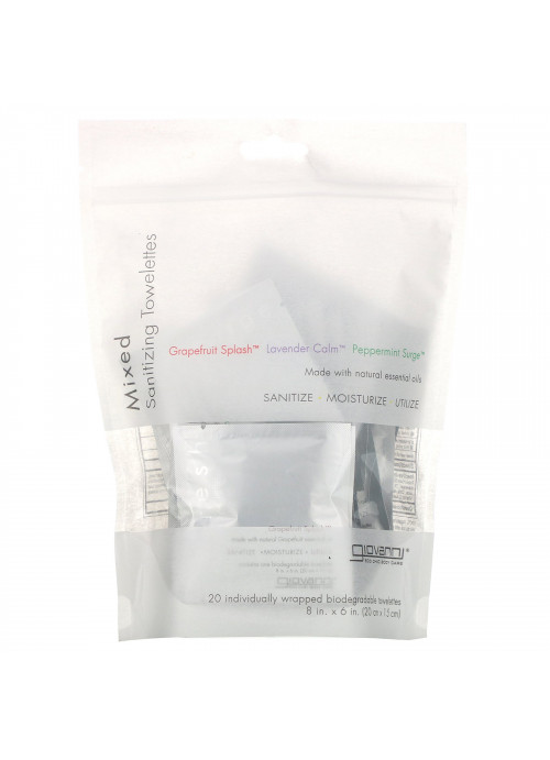 Giovanni, Mixed Sanitizing Towelettes, Peppermint Surge, Grapefruit Splash, Lavender Calm, 20 Towelettes