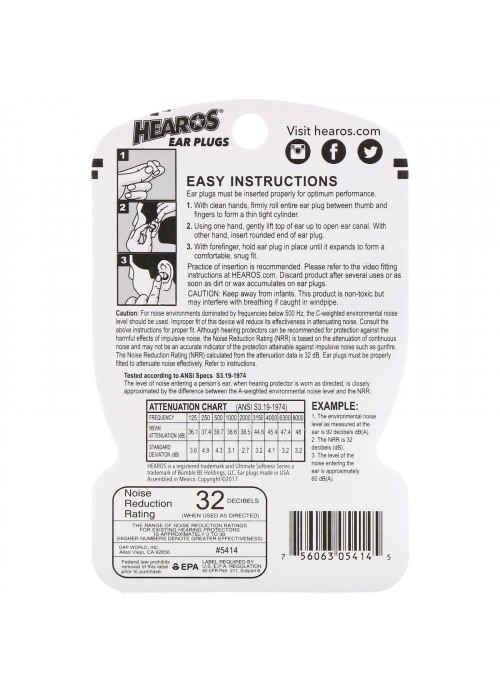 Hearos, Ear Plugs, Ultimate Softness, High, NRR 32, 6 Pair