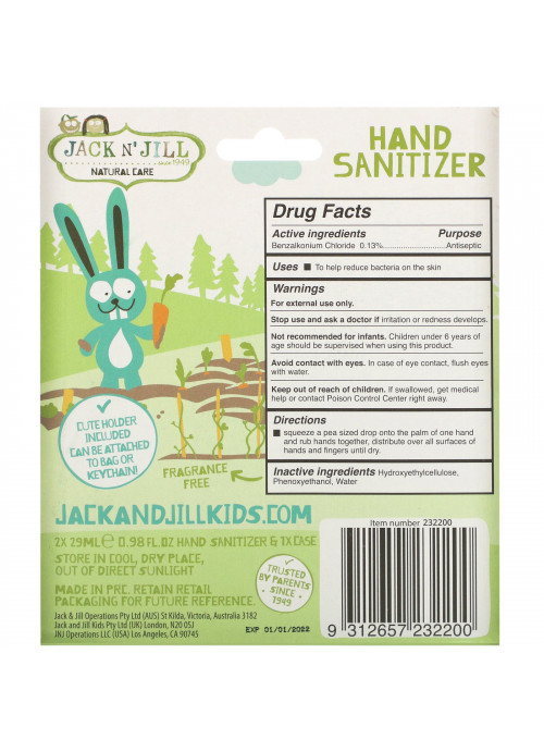 Jack n' Jill, Hand Sanitizer, Bunny, 2 Pack, 0.98 fl oz (29 ml) Each and 1 Case