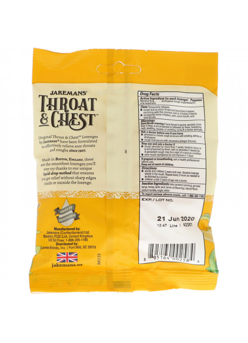 Jakemans, Throat & Chest, Honey and Lemon Flavored, 30 Lozenges