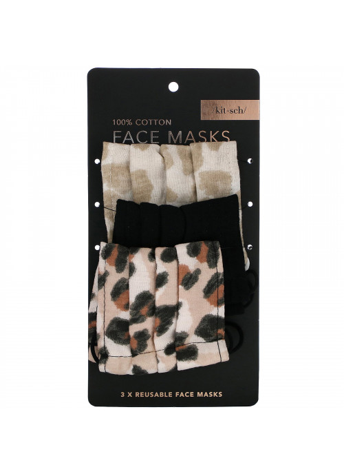 Kitsch, 100% Cotton Reuseable Face Masks, Leopard, 3 Pack