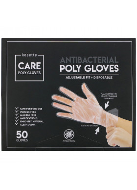 Kosette, Antibacterial Poly Gloves, Adjustable Fit + Disposable, 50 Gloves