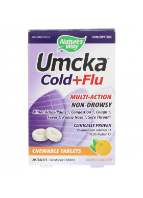 Nature's Way, Umcka, Cold+Flu, Orange, 20 Chewable Tablets