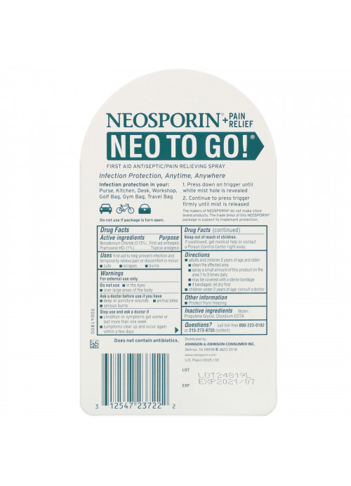 Neosporin, + Pain Relief, Neo To Go!, First Aid Antiseptic/Pain Relieving Spray, 0.26 fl oz (7.7 ml)
