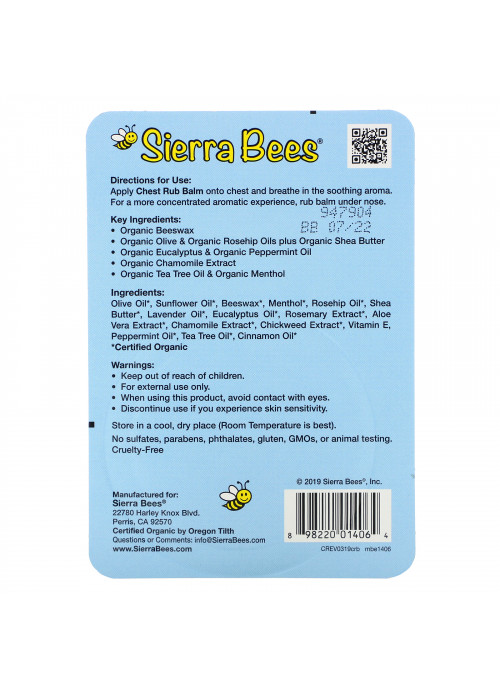 Sierra Bees, Chest Rub Balm, Eucalyptus & Peppermint, 0.6 oz (17 g)