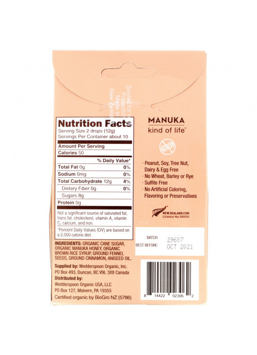 Wedderspoon, Organic Manuka Honey Drops, Fennel & Cinnamon, 4 oz (120 g)