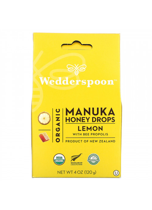 Wedderspoon, Organic Manuka Honey Drops, Lemon With Bee Propolis, 4 oz (120 g)