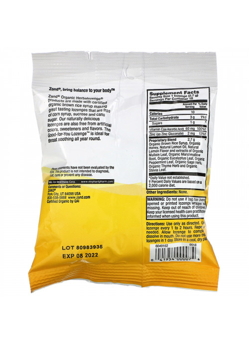 Zand, Organic Herbalozenge, Lemon Honey Soother, 18 Lozenges