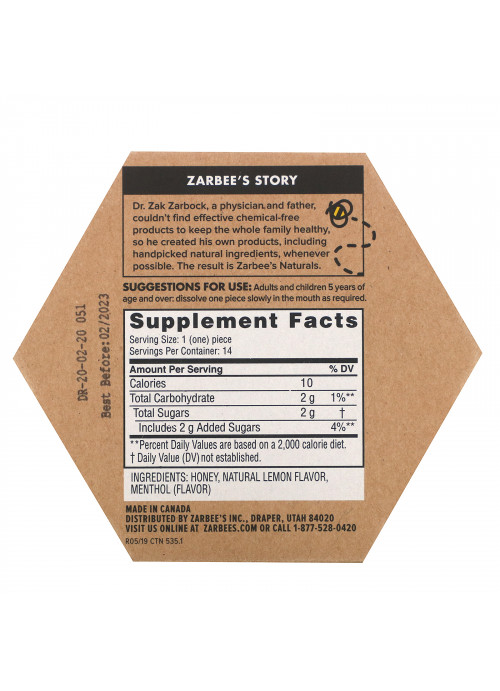 Zarbee's, 99% Honey Cough Soothers, Natural Lemon Flavor, 14 Pieces