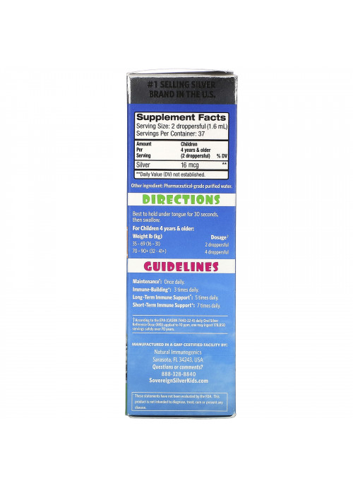 Sovereign Silver, Kids Bio-Active Silver Hydrosol, Daily Immune Support, Ages 4+, 10 PPM, 2 fl oz (59 ml)