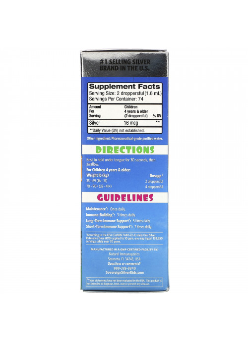 Sovereign Silver, Kids Bio-Active Silver Hydrosol, Daily Immune Support, Ages 4+, 10 PPM, 4 fl oz (118 ml)