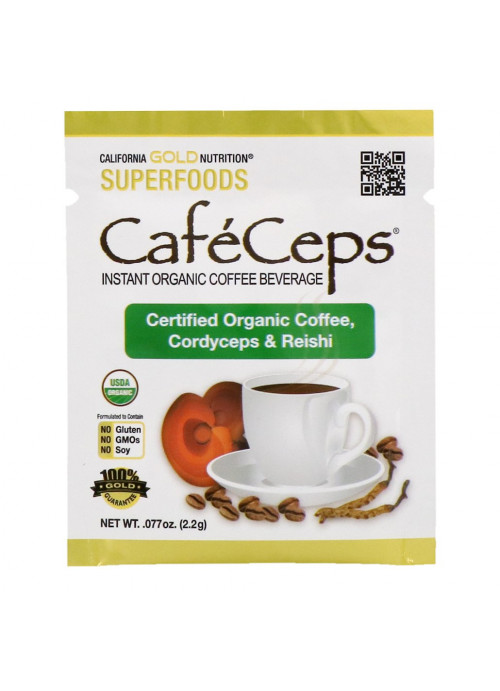 California Gold Nutrition, CafeCeps, Organic Instant Coffee with Cordyceps and Reishi Mushroom, 30 Packets, .077 oz (2.2 g) Each