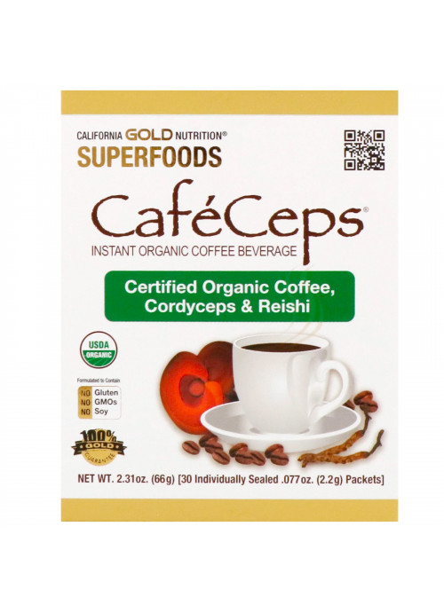 California Gold Nutrition, CafeCeps, Organic Instant Coffee with Cordyceps and Reishi Mushroom, 30 Packets, .077 oz (2.2 g) Each