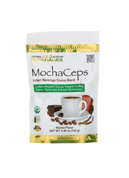 California Gold Nutrition, MochaCeps, Mocha Flavor Instant Beverage with Organic Cocoa, Coffee, Cordyceps and Reishi Mushroom, 5.36 oz (152 g)