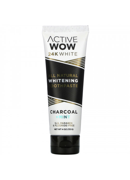 Active Wow, 24K White, All Natural Whitening Toothpaste, Charcoal + Mint, 4 oz (113 g)