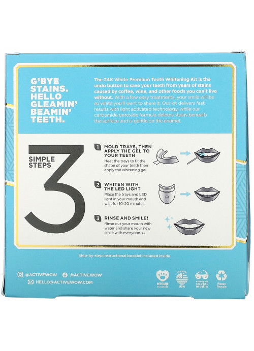 Active Wow, 24K White, Premium Teeth Whitening Kit, + Mint, 30 Treatments