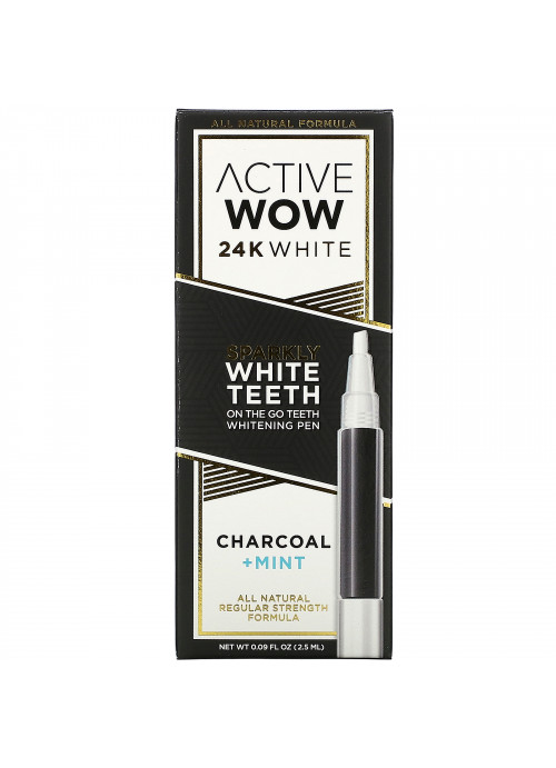 Active Wow, 24K White, Sparkly Teeth Whitening Pen, Charcoal + Mint, 0.09 fl oz (2.5 ml)