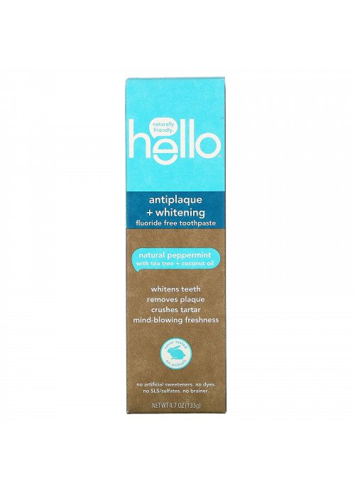 Hello, Antiplaque + Whitening Fluoride Free Toothpaste, Natural Peppermint, 4.7 oz (133 g)