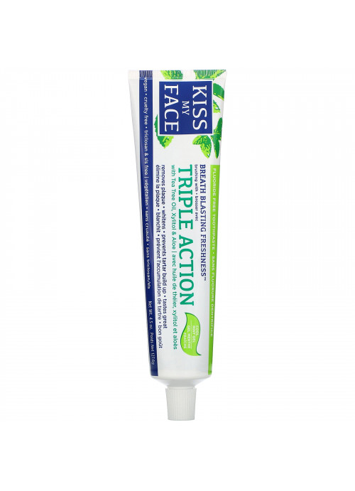 Kiss My Face, Triple Action Toothpaste with Tea Tree Oil, Xylitol & Aloe, Fluoride Free, Cool Mint Gel, 4.5 oz (127.6 g)