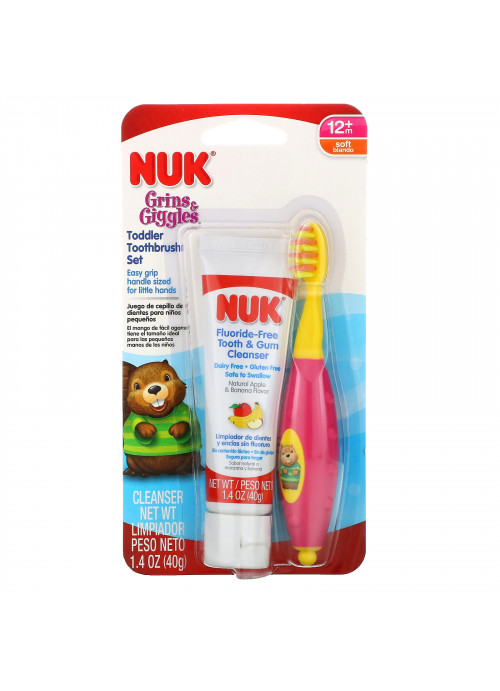 NUK, Grins & Giggles Toddler Toothbrush Set, Soft, 12+ Months, 1 Cleanser & 1 Brush