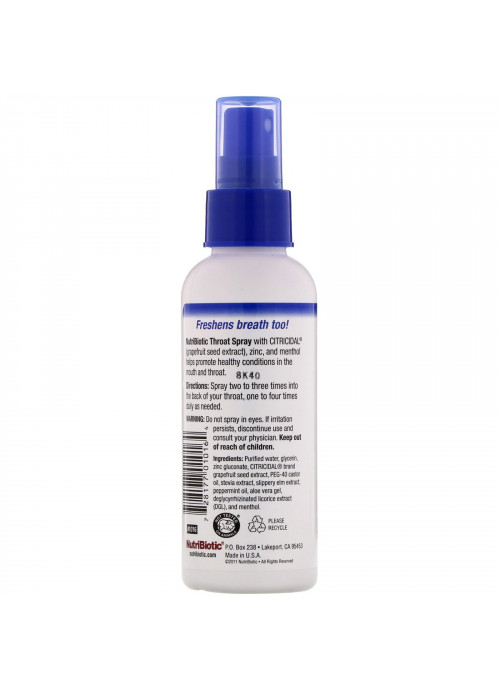 NutriBiotic, Throat Spray with Grapefruit Seed Extract plus Zinc & Menthol, 4 fl oz (118 ml)