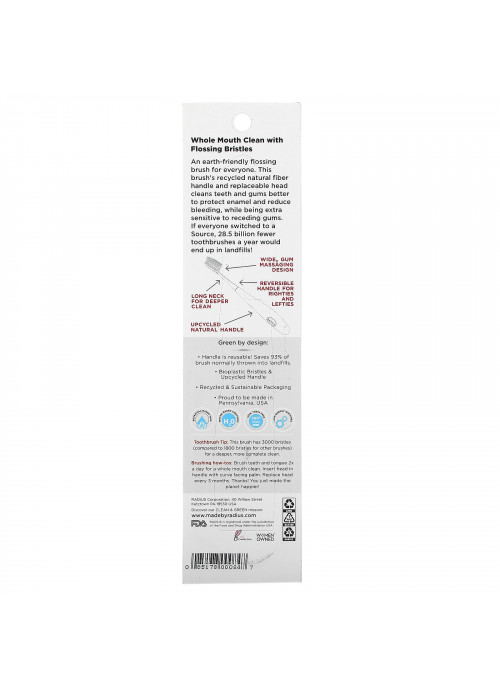 RADIUS, Source Floss Toothbrush, Super Soft, 1 Replaceable Head Toothbrush