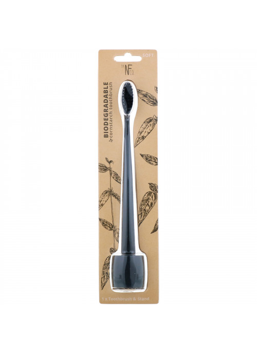 The Natural Family Co., Biodegradable Cornstarch Toothbrush, Pirate Black, Soft, 1 Toothbrush & Stand