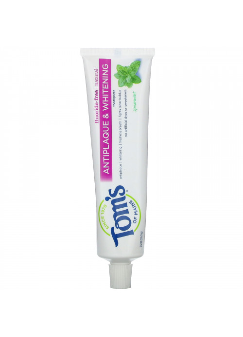 Tom's of Maine, Natural Antiplaque & Whitening Toothpaste, Fluoride-Free, Spearmint, 5.5 oz (155.9 g)