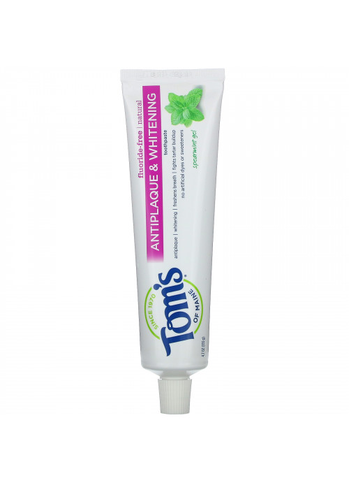 Tom's of Maine, Natural Fluoride-Free Antiplaque & Whitening Toothpaste, Spearmint Gel, 4.7 oz (133 g)