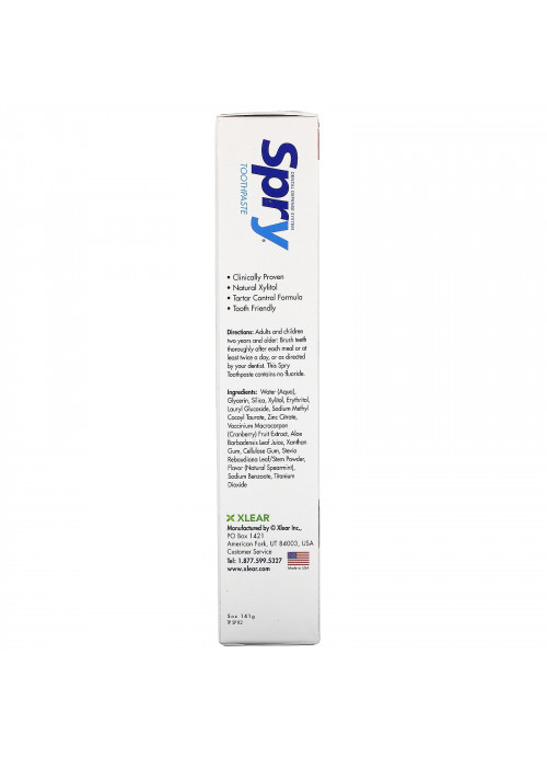 Xlear, Natural Spry Toothpaste, Anti-Plaque Tartar Control, Fluoride Free, Spearmint, 5 oz (141 g)