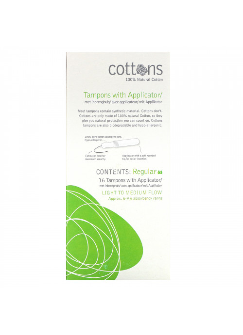 Cottons, 100% Natural Cotton,  Tampons with Applicator, Regular, 16 Tampons