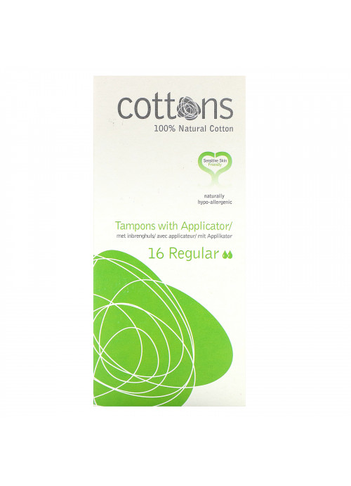 Cottons, 100% Natural Cotton,  Tampons with Applicator, Regular, 16 Tampons