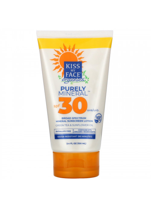 Kiss My Face, Organics, Purely Mineral,  Broad Spectrum Mineral Sunscreen Lotion,  SPF 30, 3.4 fl oz (100 ml)