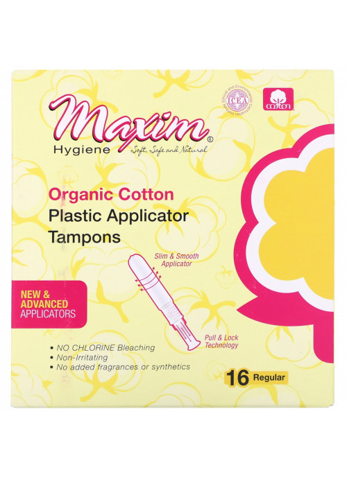 Maxim Hygiene Products, Organic Cotton Plastic Applicator Tampons, Regular,  16 Count