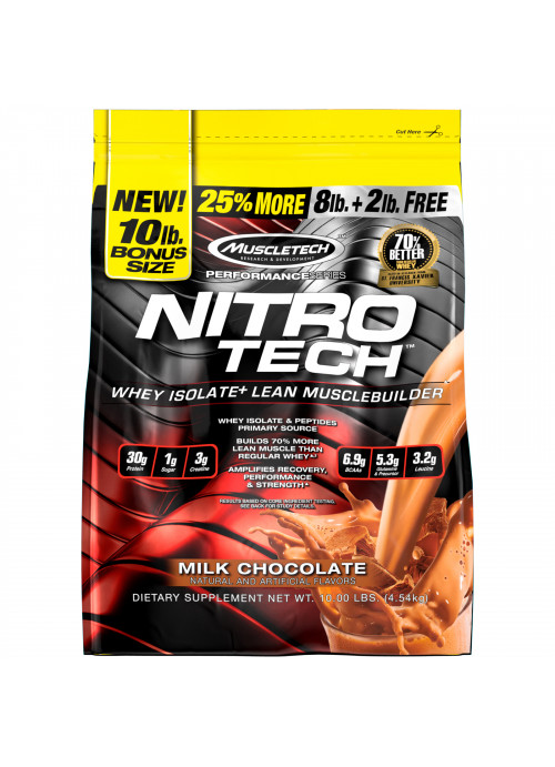 Muscletech, Nitro Tech, Whey Peptides & Isolate Lean Musclebuilder Whey Protein Powder, Milk Chocolate, 10 lbs (4.54 kg)