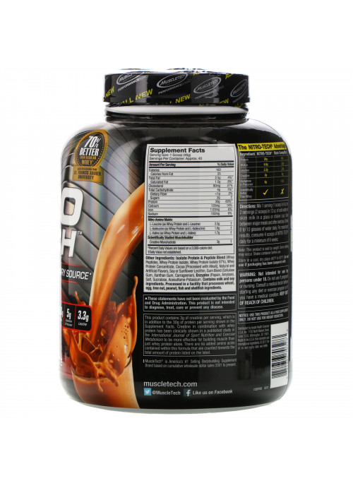 Muscletech, NitroTech, Whey Peptides & Isolate Primary Source, Milk Chocolate, 4.00 lbs (1.81 kg)
