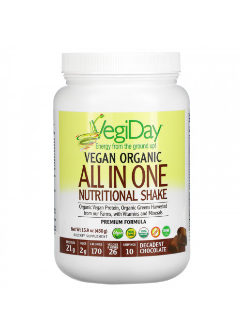 Natural Factors, VegiDay, Vegan Organic All In One Nutritional Shake, Decadent Chocolate, 15.9 oz (450 g)