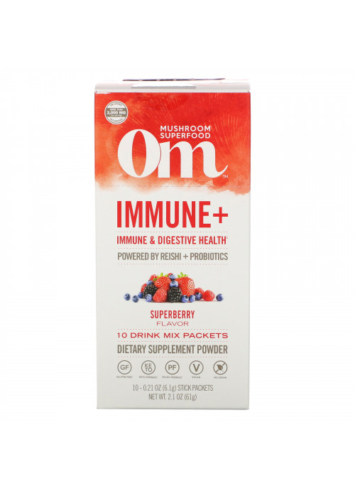 Om Mushrooms, Immune+, Immune & Digestive Health, Superberry, 10 Packets, 0.21 oz (6.1 g) Each