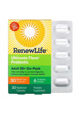 Renew Life, Adult 50+ Go-Pack, Ultimate Flora Probiotic, 30 Billion Live Cultures, 30 Vegetarian Capsules
