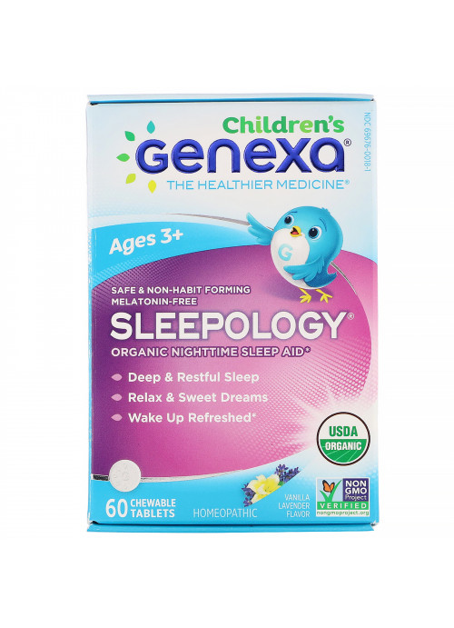Genexa, Children's Sleepology, Organic Nighttime Sleep Aid, Vanilla Lavender Flavor, Ages 3+, 60 Chewable Tablets