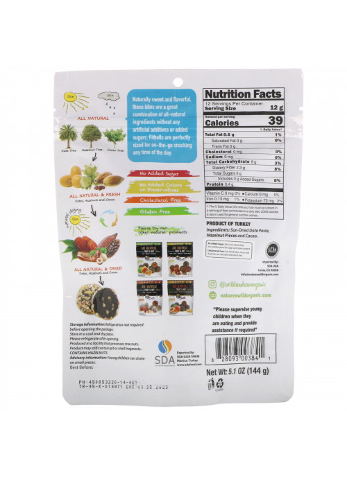 Nature's Wild Organic, All Natural, Snacking Fruit & Nut Bites, Fit Balls, Dates + Hazelnuts + Cacao, 5.1 oz (144 g)